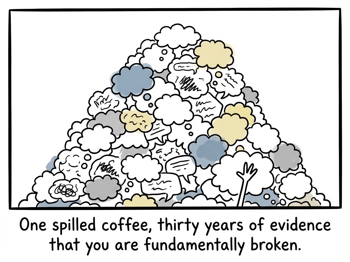 An enormous avalanche of memory bubbles -- each containing a past embarrassment like 'bad haircut 2014,' 'cried at work,' 'sent wrong email,' 'forgot their birthday,' 'voice cracked in presentation' -- crashes down on the stick figure, burying them completely. Only one hand sticks out from the pile.