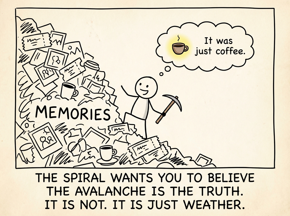 The stick figure digging themselves out from under the pile of memory bubbles, sitting on top of the rubble, holding the original coffee cup. They look exhausted but clear-eyed and say 'It was just coffee.' The memory bubbles are fading and shrinking around them.