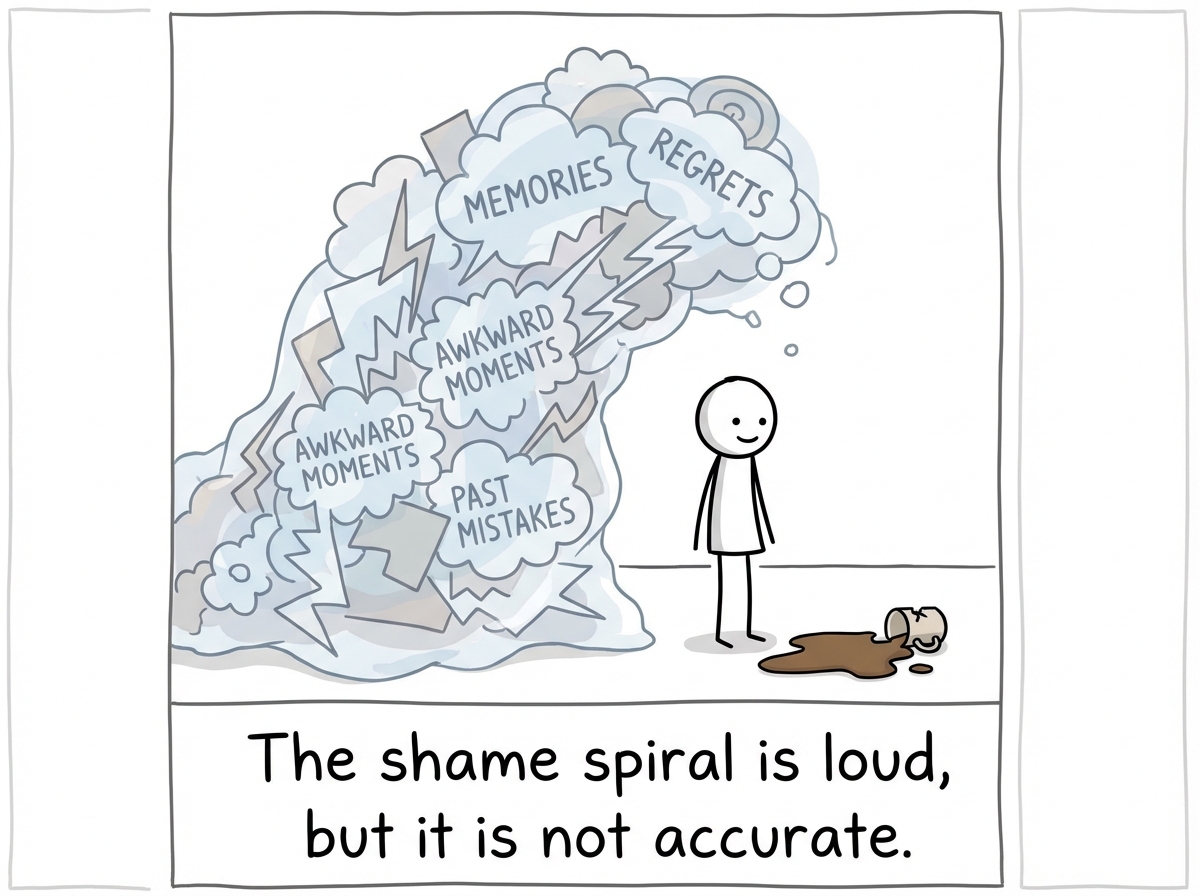 A stick figure placing a hand on their chest and saying 'I am reacting to the present, not my entire past' while the archive door behind them slowly closes.