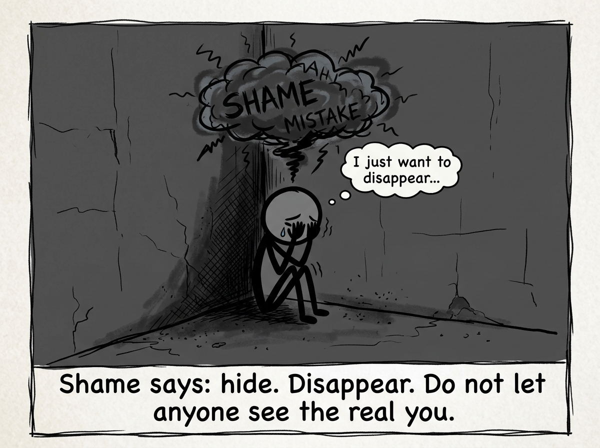 A stick figure hiding in a dark corner after a mistake, shame cloud overhead, wanting to disappear