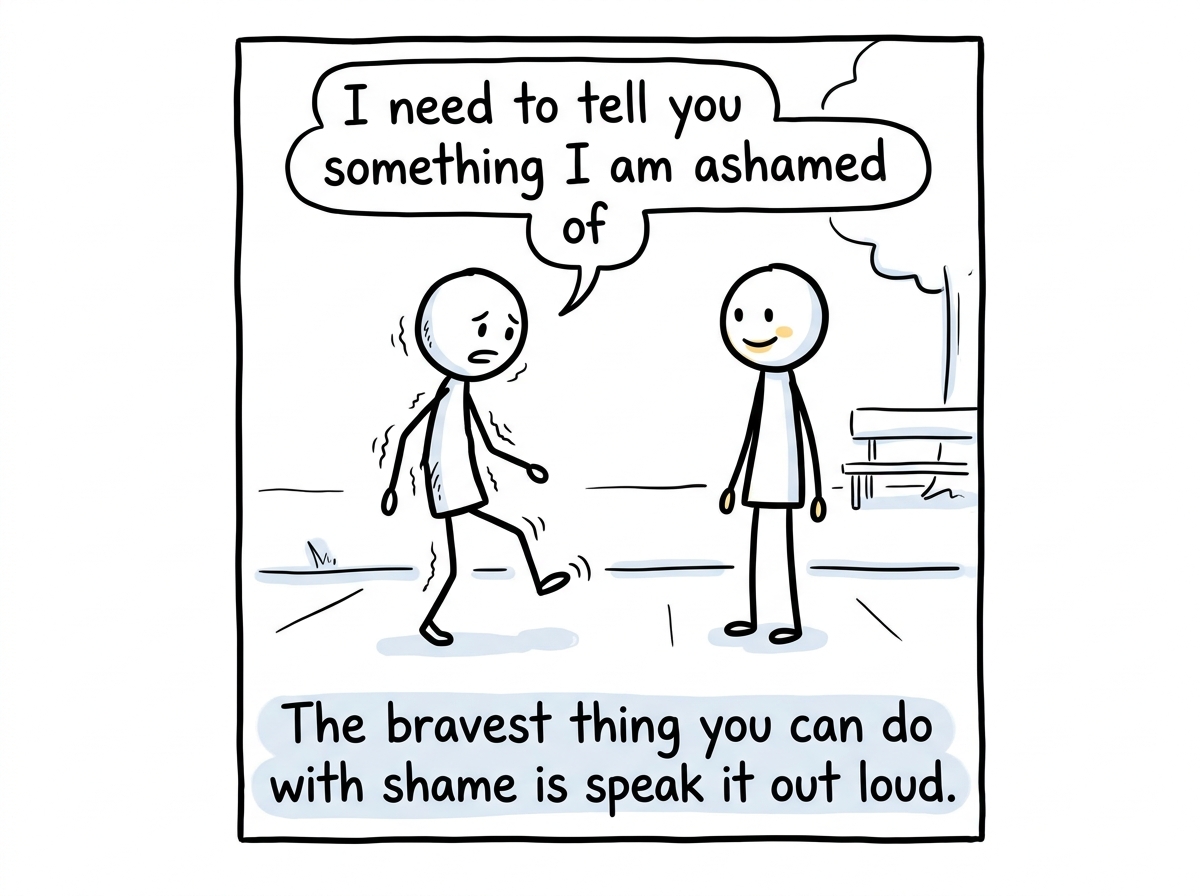 The stick figure taking a shaky step toward a trusted friend and saying 'I need to tell you something I am ashamed of'