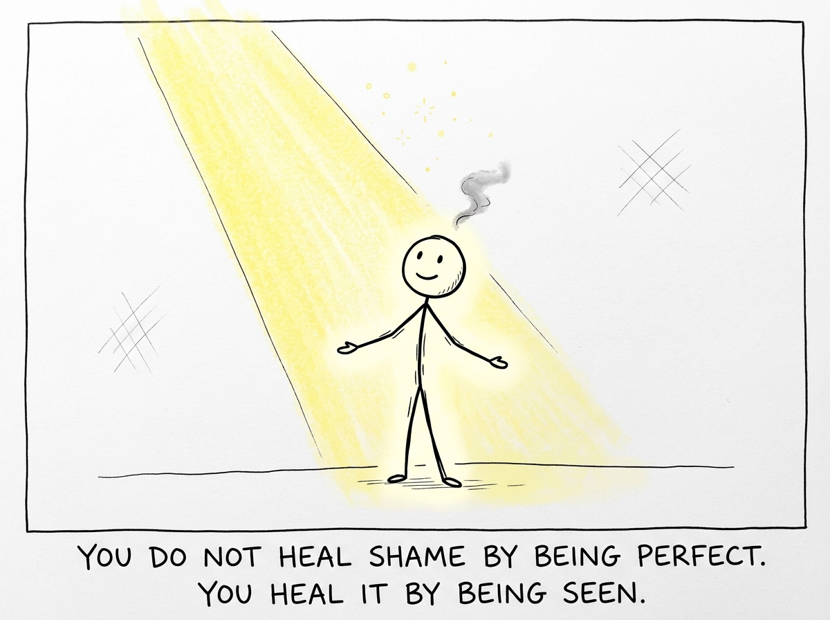The stick figure standing in full light, still imperfect, but no longer hiding, with the shame cloud reduced to a wisp