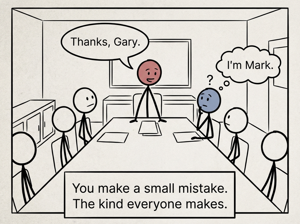 A stick figure in a meeting, accidentally saying the wrong name for a coworker. A tiny, forgettable moment