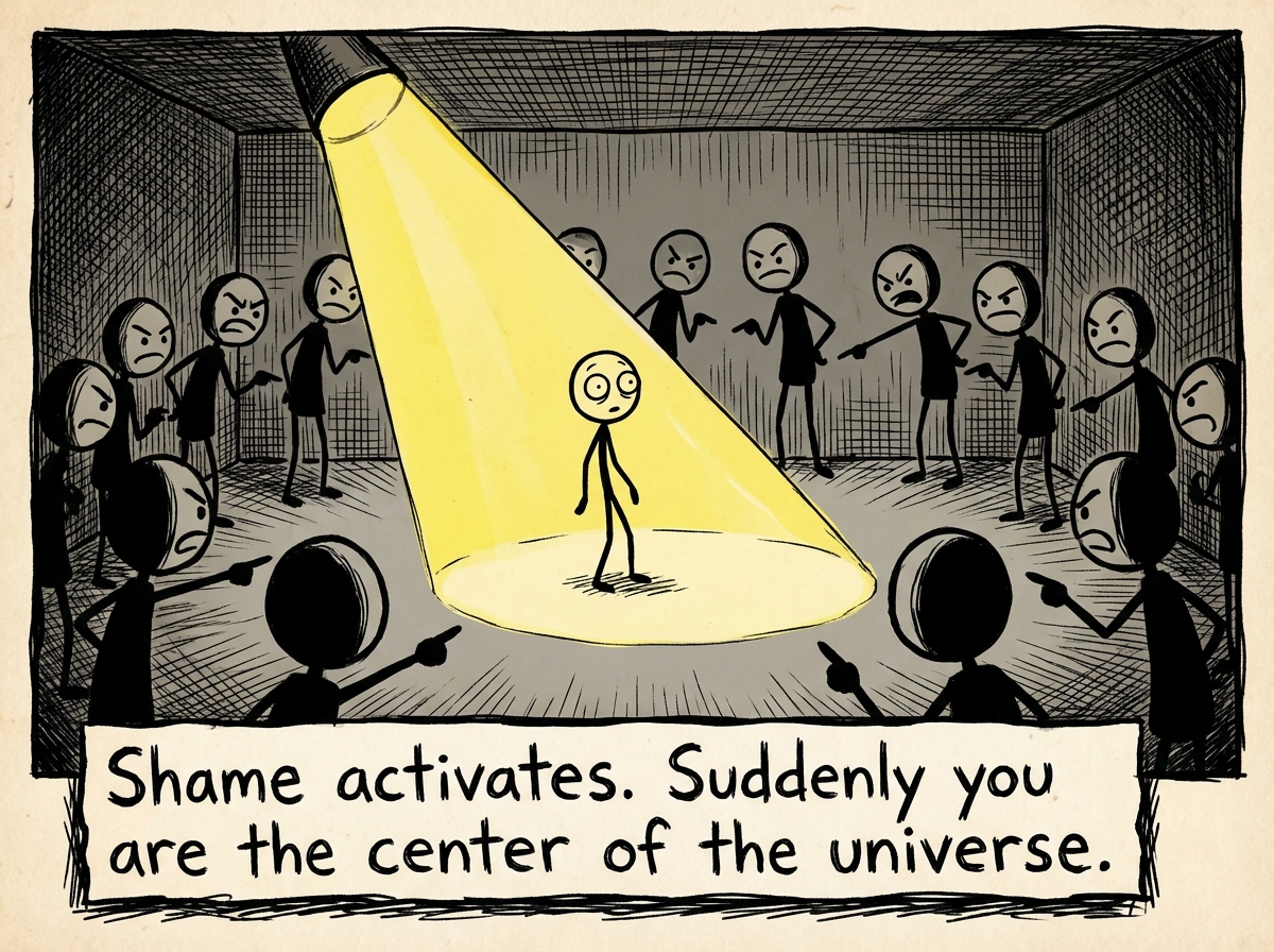 A massive spotlight suddenly turns on the stick figure. They freeze like a deer in headlights. In their perception, every person in the room has stopped and is staring directly at them with judgmental expressions