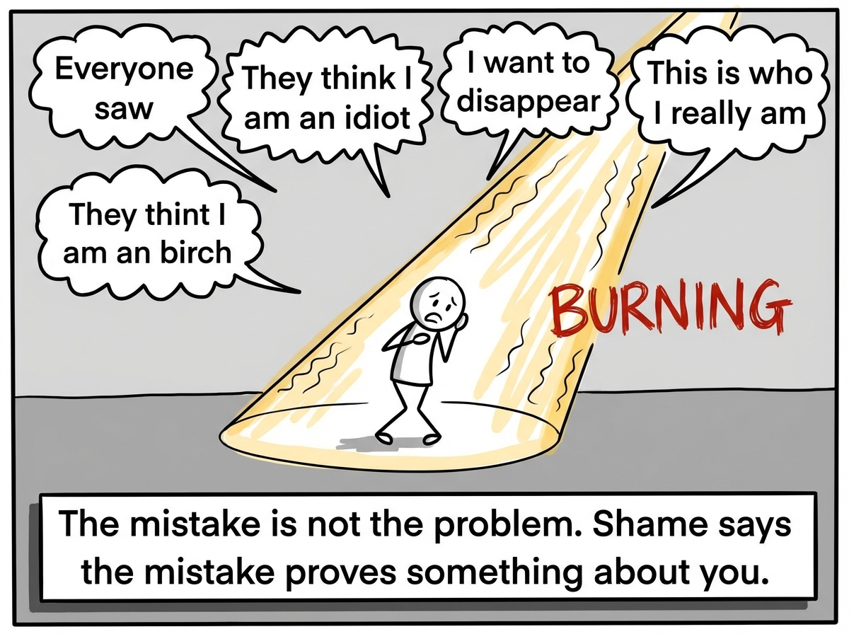 The stick figure shrinking under the spotlight, thought bubbles screaming: 'Everyone saw,' 'They think I am an idiot,' 'I want to disappear,' 'This is who I really am.' The spotlight feels like it is burning