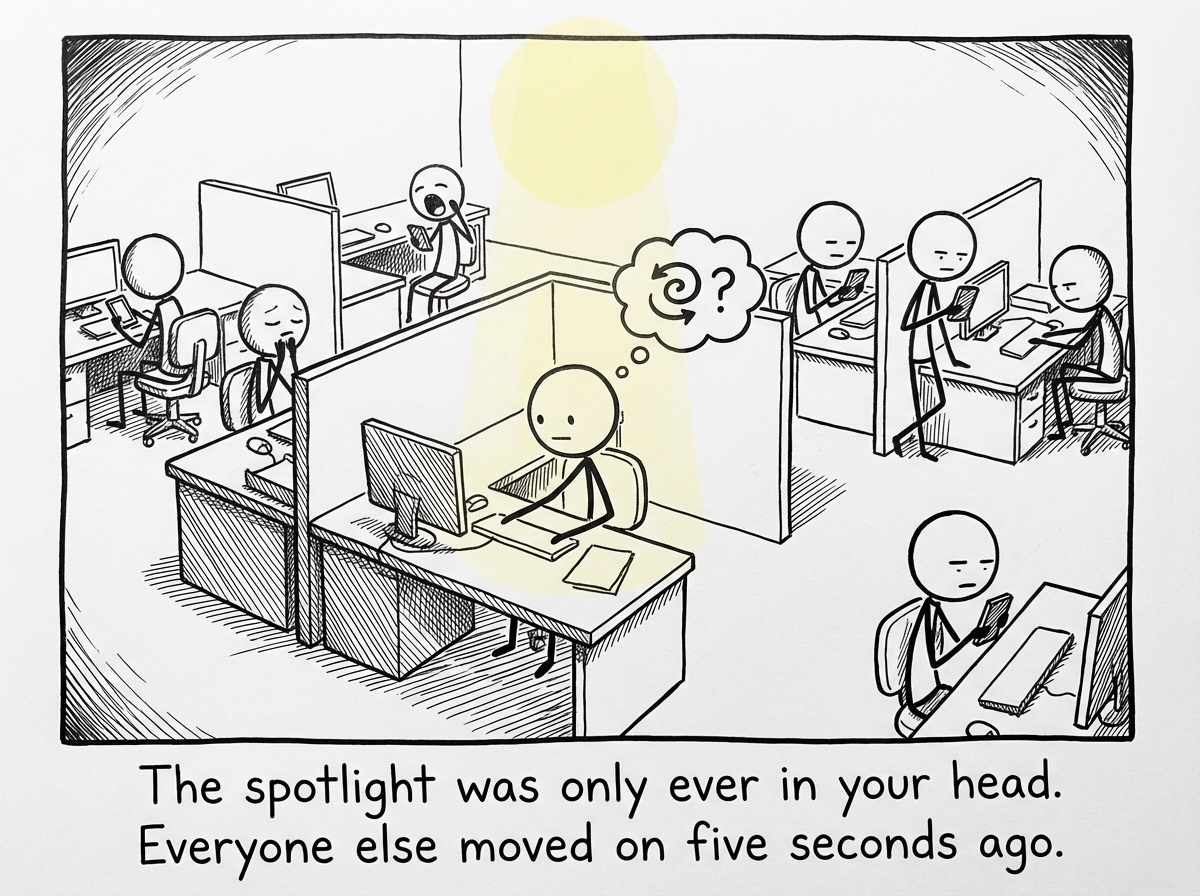 A wide shot showing the reality: the coworker already forgot, everyone else is checking their phones, and the stick figure is the only one still thinking about it. The spotlight exists only above their own head