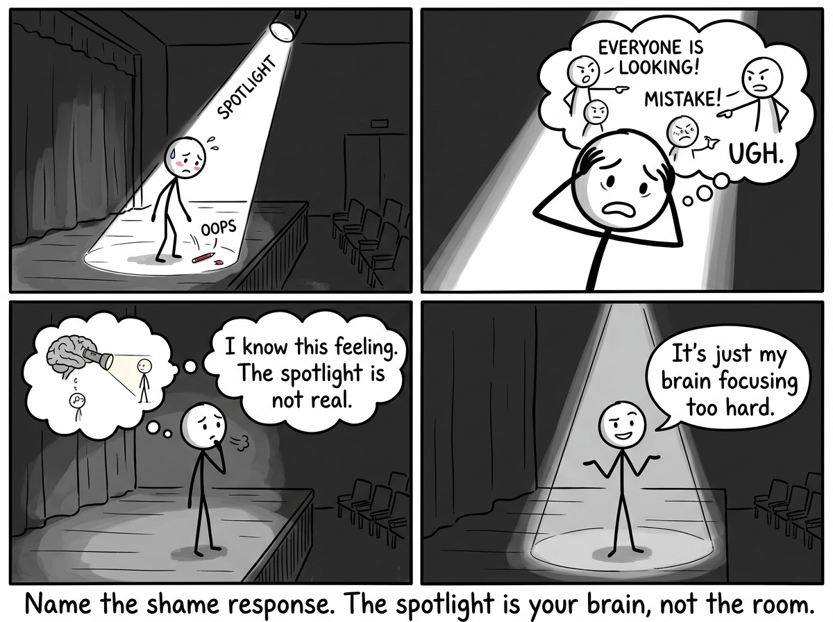 A stick figure making a small mistake and feeling the spotlight turn on, but this time pausing to say 'I know this feeling. The spotlight is not real.'