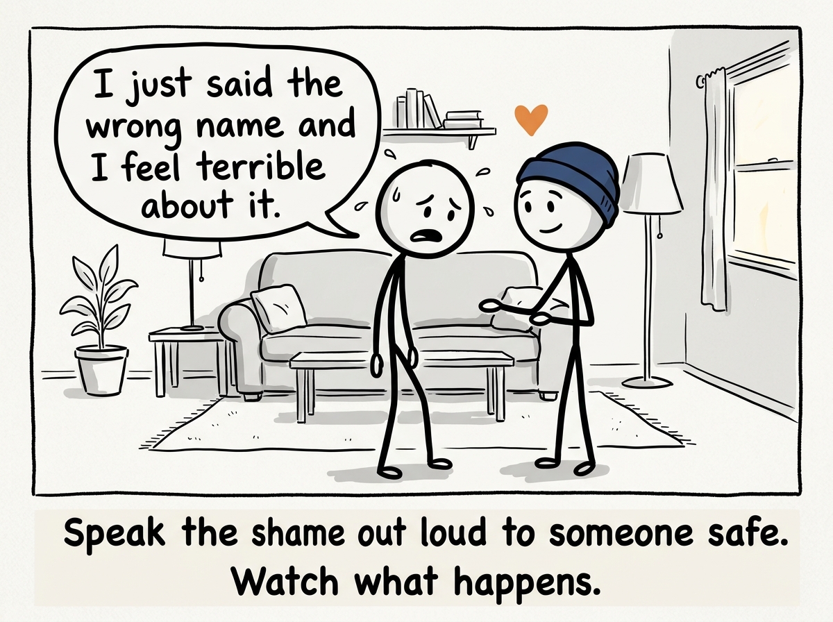 The stick figure turning to a trusted friend and saying 'I just said the wrong name and I feel terrible about it' instead of hiding