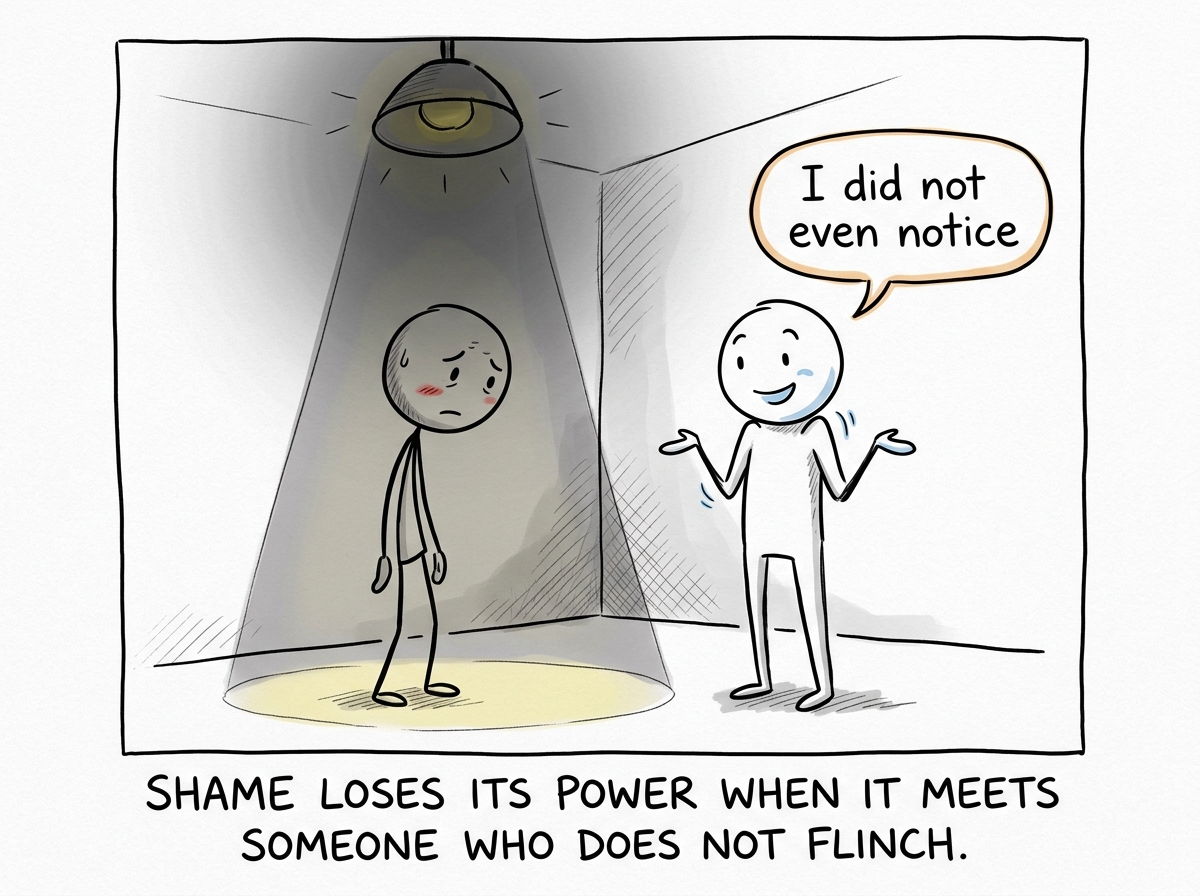The friend shrugging warmly and saying 'I did not even notice' while the spotlight visibly dims