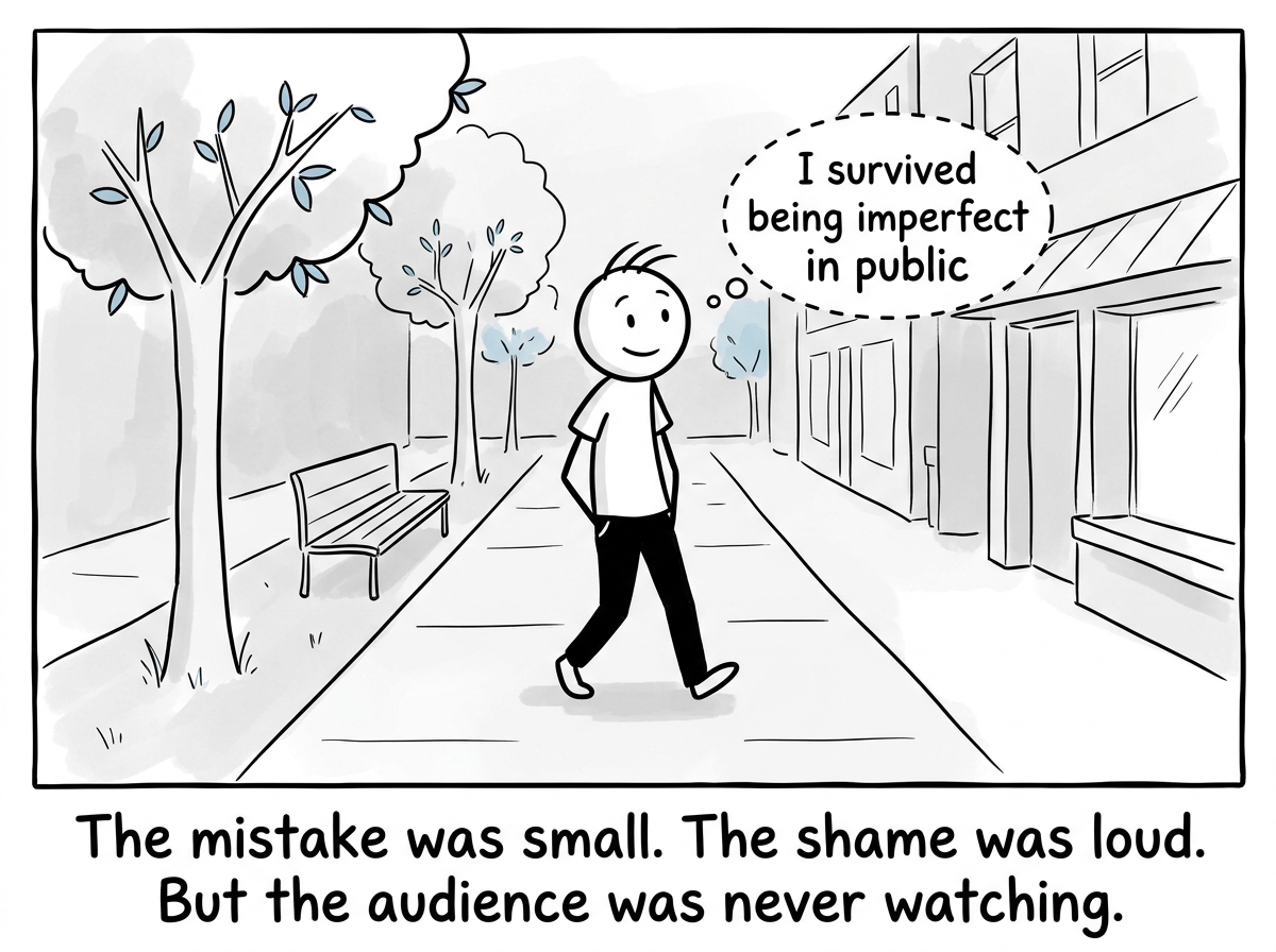 The stick figure walking through the rest of their day normally, the spotlight gone, a small thought bubble reading 'I survived being imperfect in public'