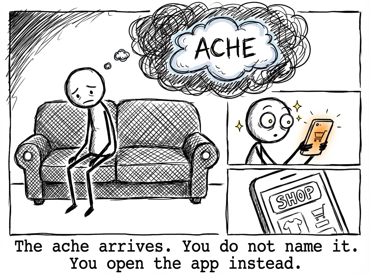 A stick figure sitting on a couch looking hollow and restless, a thought bubble showing a vague ache, then their eyes light up as they grab their phone and open a shopping app