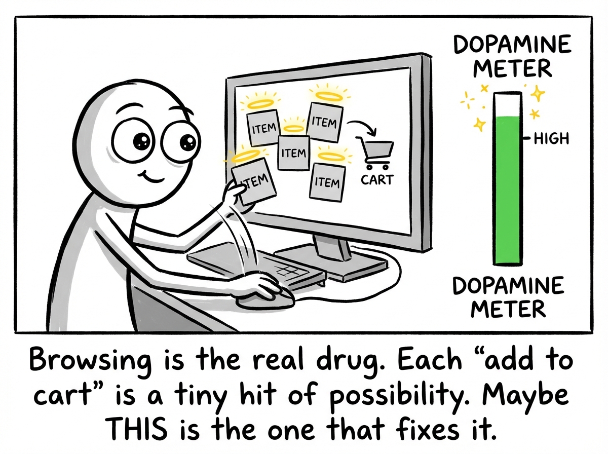 The stick figure scrolling through items with increasing excitement, adding things to a cart, each item glowing with promise, a dopamine meter on the side rising with each addition