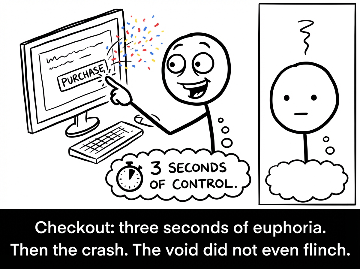 The stick figure clicking 'PURCHASE' with a euphoric expression, confetti exploding from the screen, a momentary rush of relief and control -- lasting exactly three seconds before the face falls