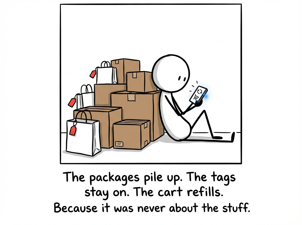 The stick figure sitting on the floor surrounded by unopened packages and bags with tags still on, already scrolling through the app again, the cycle visibly restarting
