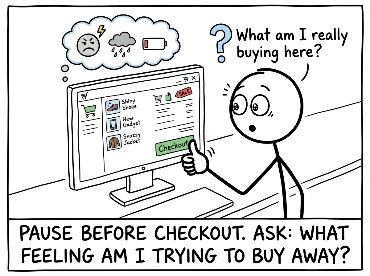 A stick figure with their thumb over the checkout button, pausing, and looking at the cart with new eyes: 'What am I really buying here?'