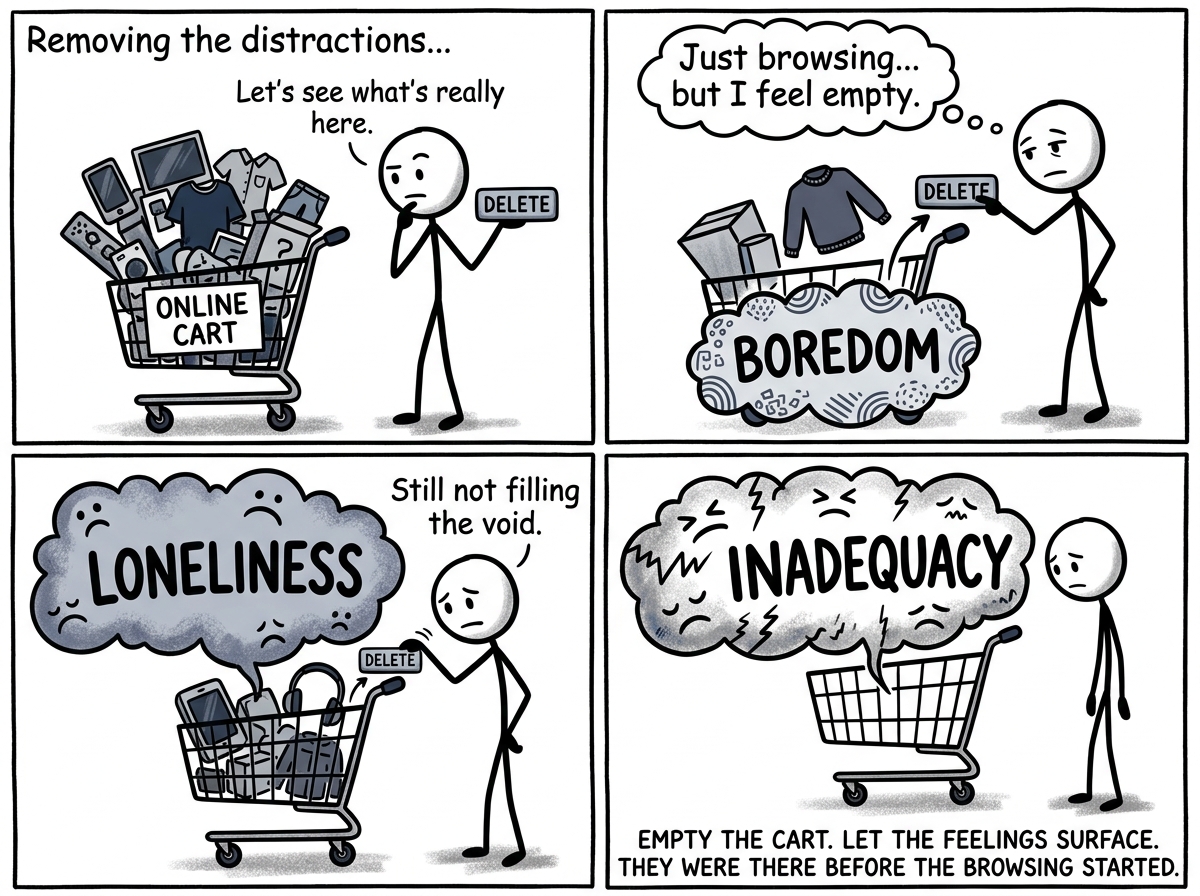 The stick figure deleting items from the cart one by one, each deletion revealing the feeling underneath: boredom, loneliness, inadequacy