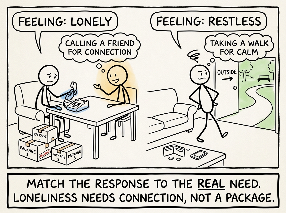The stick figure putting the phone down and doing something that actually addresses the feeling -- calling a friend for loneliness, taking a walk for restlessness