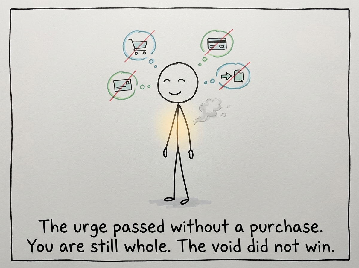 The stick figure feeling lighter, no bags or packages, the ache softer, having survived the urge without a transaction