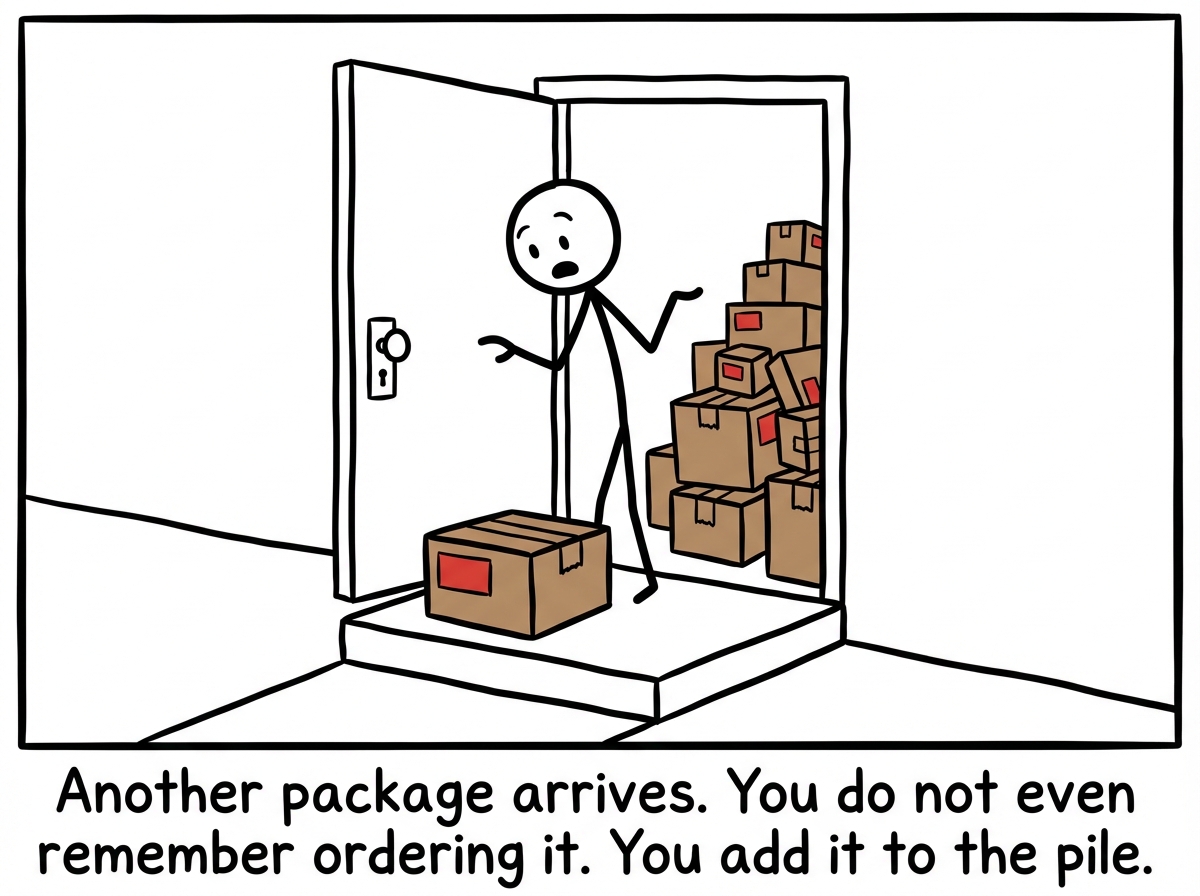 A stick figure opening their front door to find yet another delivery package on the doorstep, adding it to a growing pile just inside the door without opening it