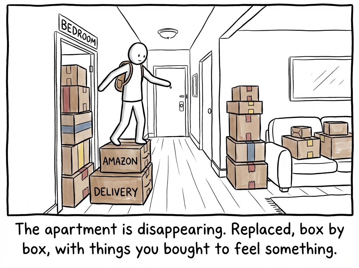 The stick figure navigating through their apartment like an obstacle course, with towers of unopened packages blocking the hallway, the bedroom, and most of the living room