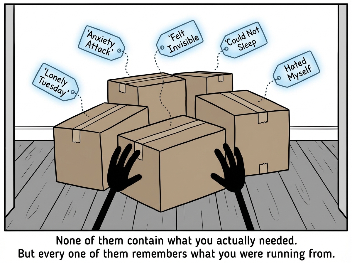Close-up of the packages, each one labeled with an invisible tag showing the real reason it was ordered -- 'Lonely Tuesday,' 'Anxiety Attack,' 'Felt Invisible,' 'Could Not Sleep,' 'Hated Myself'