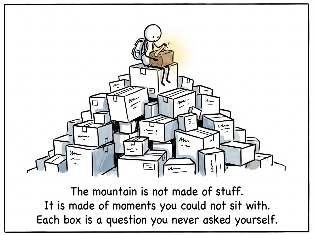 The stick figure sitting on top of the package mountain, looking very small, holding one package and finally starting to open it -- not for what is inside, but to face the feeling that put it there