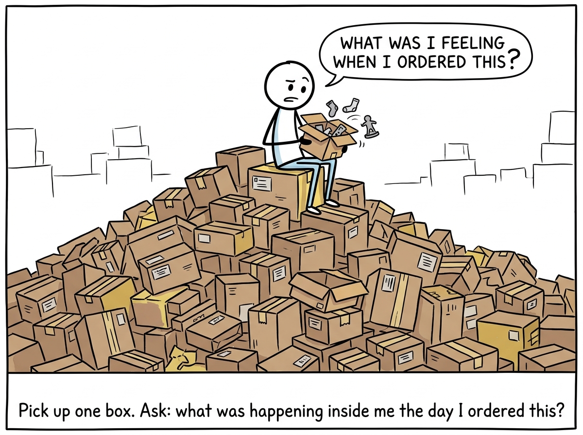 A stick figure sitting atop the package mountain, picking up one box and finally opening it, asking 'What was I feeling when I ordered this?'