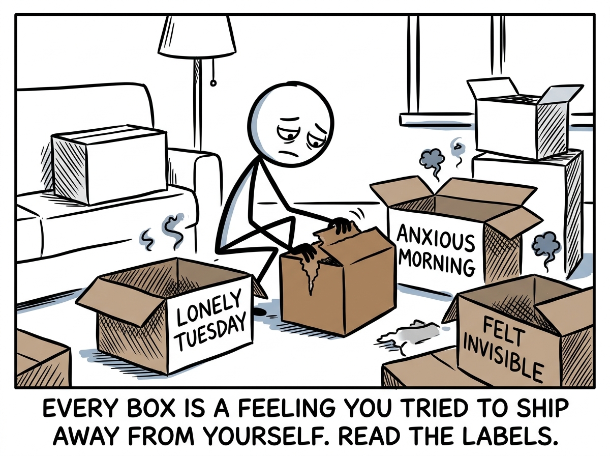 The stick figure opening more boxes and finding the real contents -- not products but feelings: 'lonely Tuesday,' 'anxious morning,' 'felt invisible'