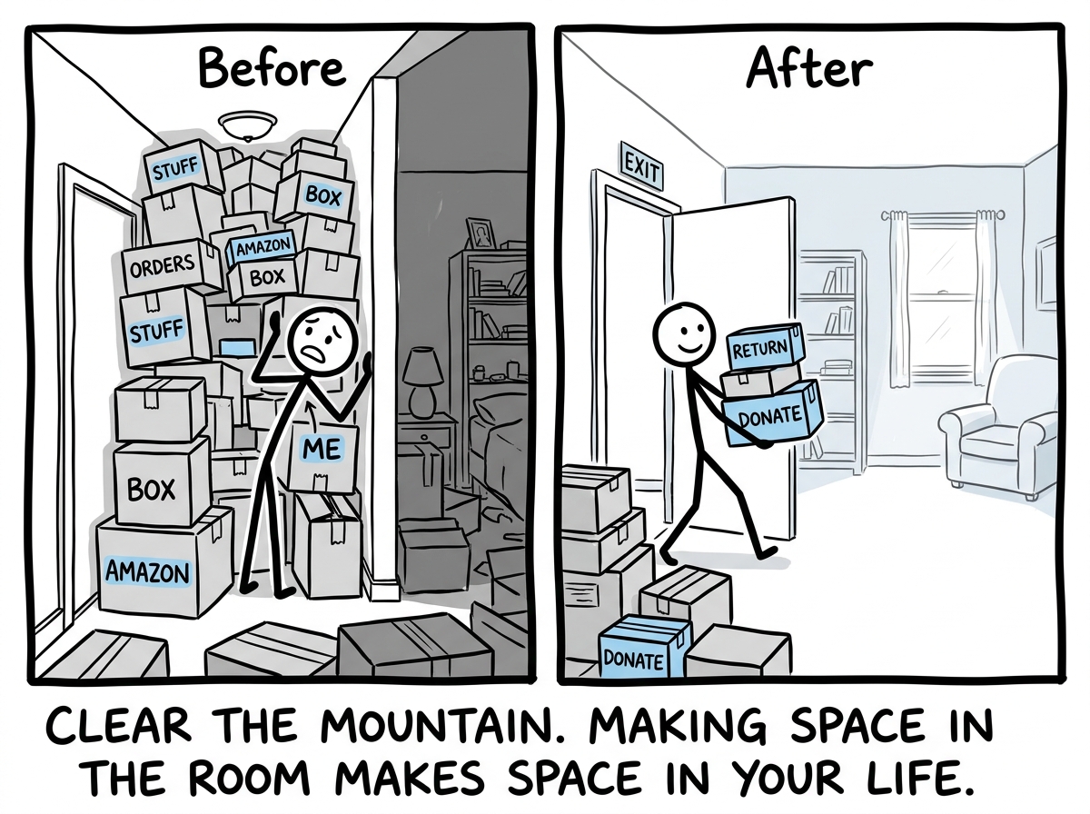 The stick figure donating or returning the unopened packages, making the physical space lighter, the apartment slowly becoming visible again