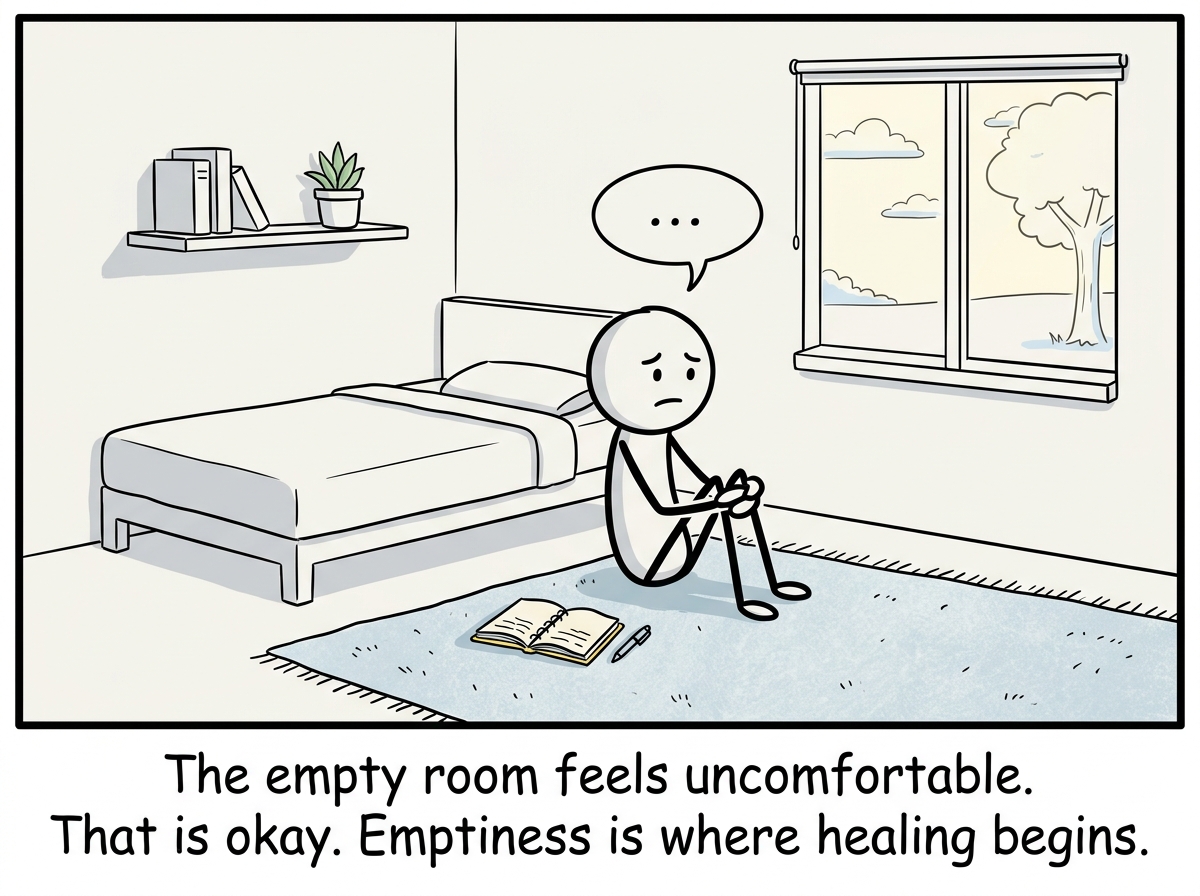 The stick figure in a cleaner room, feeling a pang of emptiness but choosing to sit with it instead of ordering something new, a journal nearby