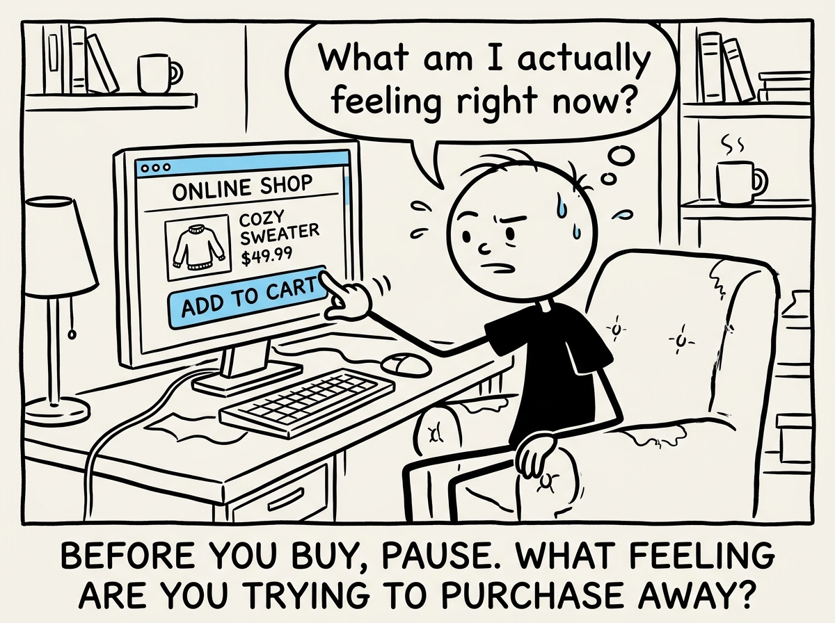 A stick figure with their thumb hovering over 'Add to Cart,' pausing to ask 'What am I actually feeling right now?'