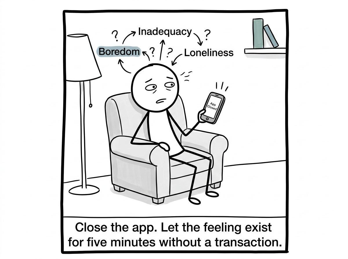 The stick figure closing the shopping app and sitting with the uncomfortable feeling -- boredom, inadequacy, loneliness -- without fixing it