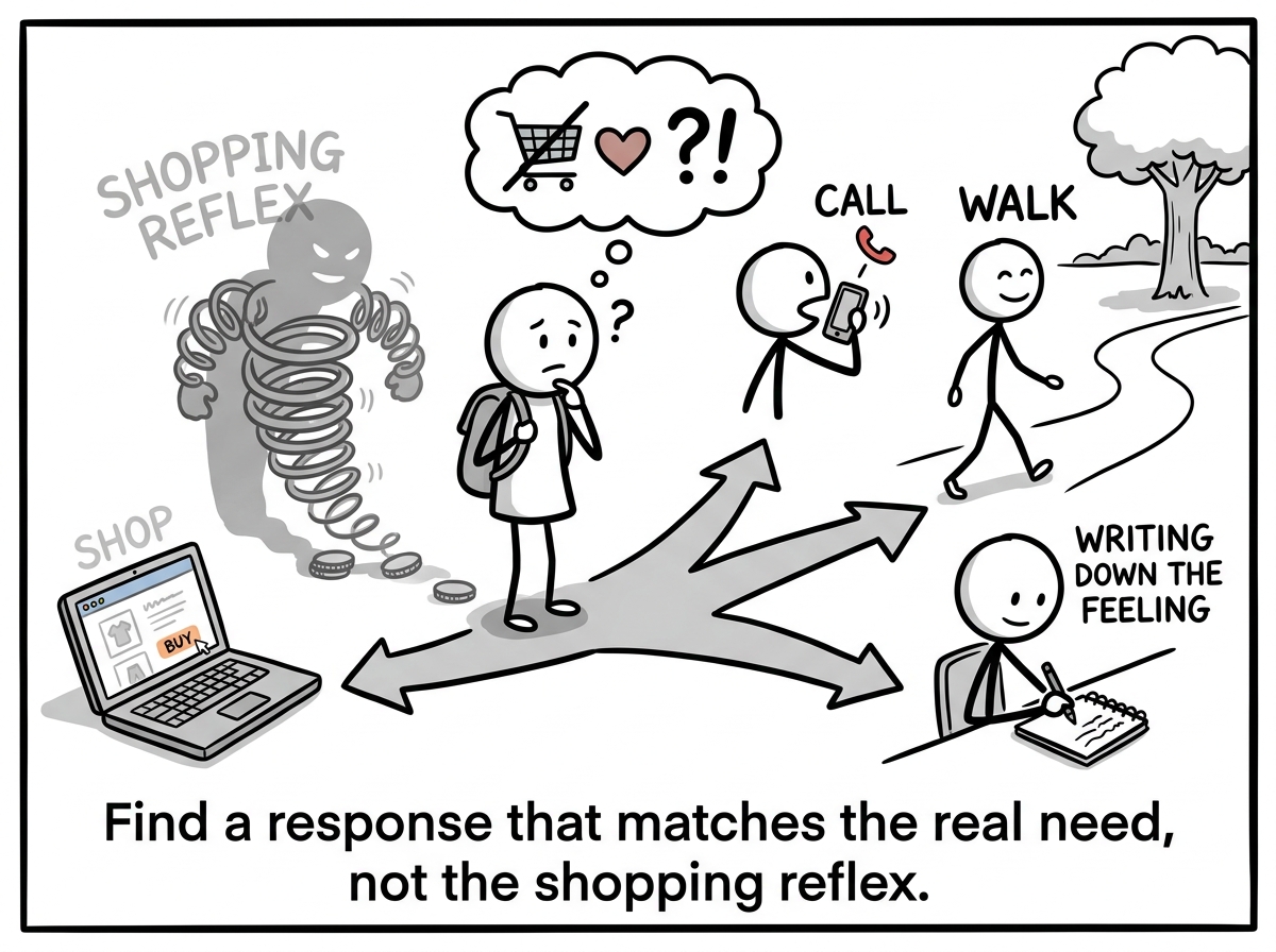 The stick figure choosing a different response -- calling a friend, going for a walk, writing down the feeling -- the urge to buy softening