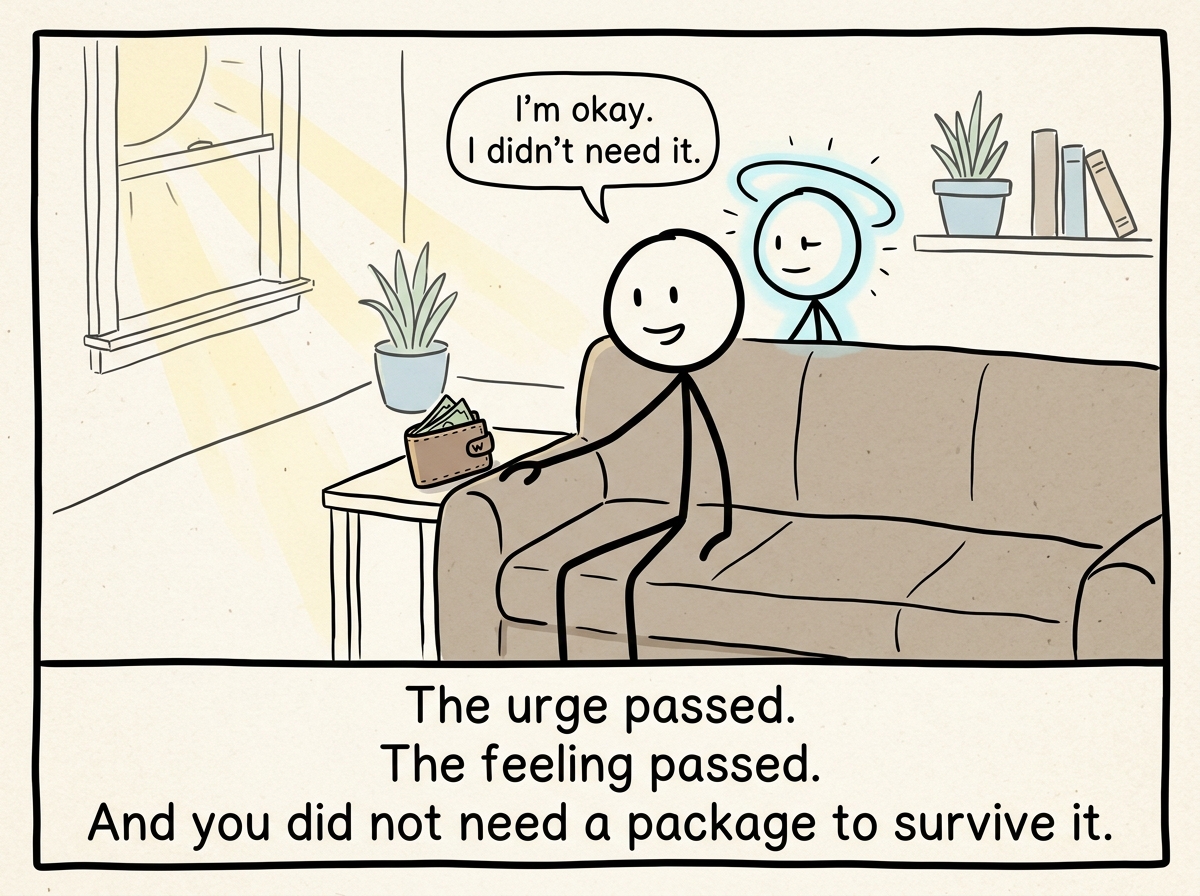The stick figure in a calmer moment, the feeling having passed, their wallet and their sense of self both intact