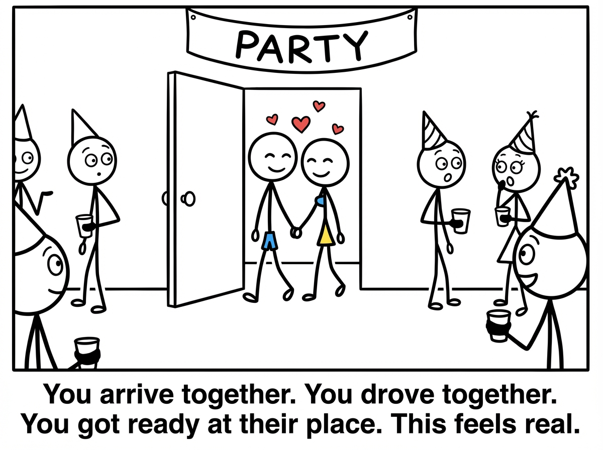 Two stick figures walking into a party hand in hand, looking comfortable and connected, other partygoers turning to look