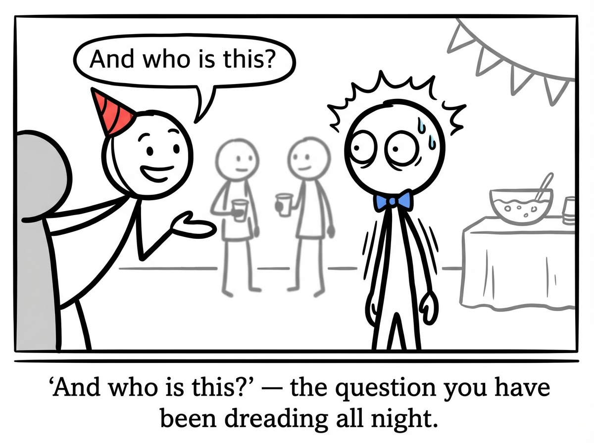 A partygoer stick figure approaching and asking 'And who is this?' with a friendly smile, while the main character freezes