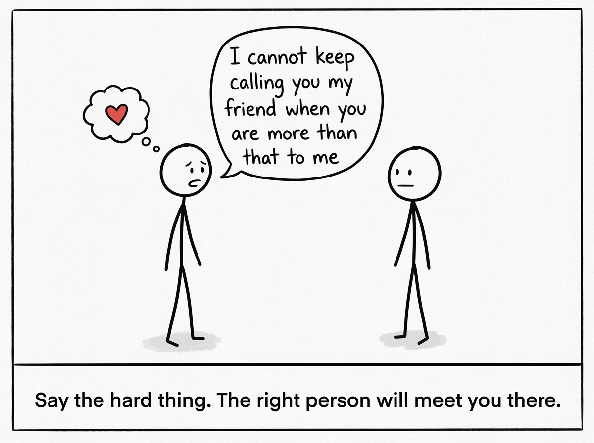 A stick figure having a direct conversation: 'I cannot keep calling you my friend when you are more than that to me'