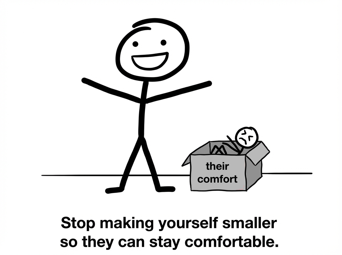 A stick figure choosing to stop shrinking their feelings to fit someone else's comfort zone