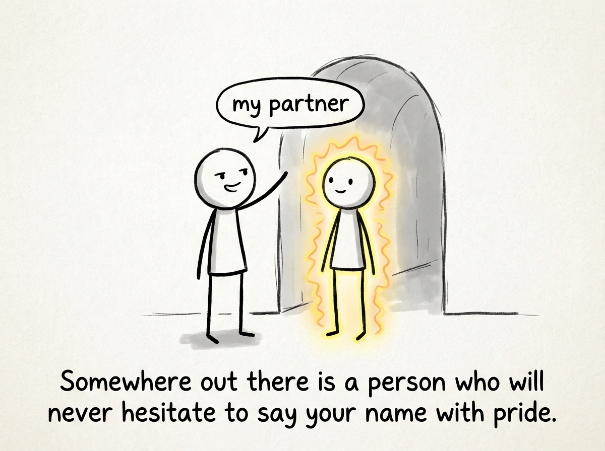 A stick figure being introduced by a new person as 'my partner' with a proud smile, and the stick figure glowing with warmth