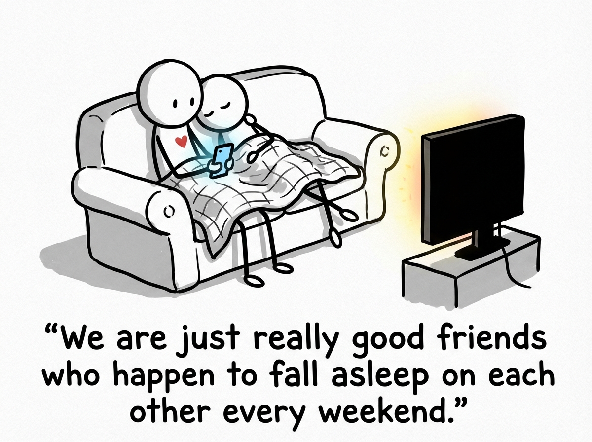The same two stick figures cuddling on a couch watching a movie, legs intertwined, with one showing the other something on their phone