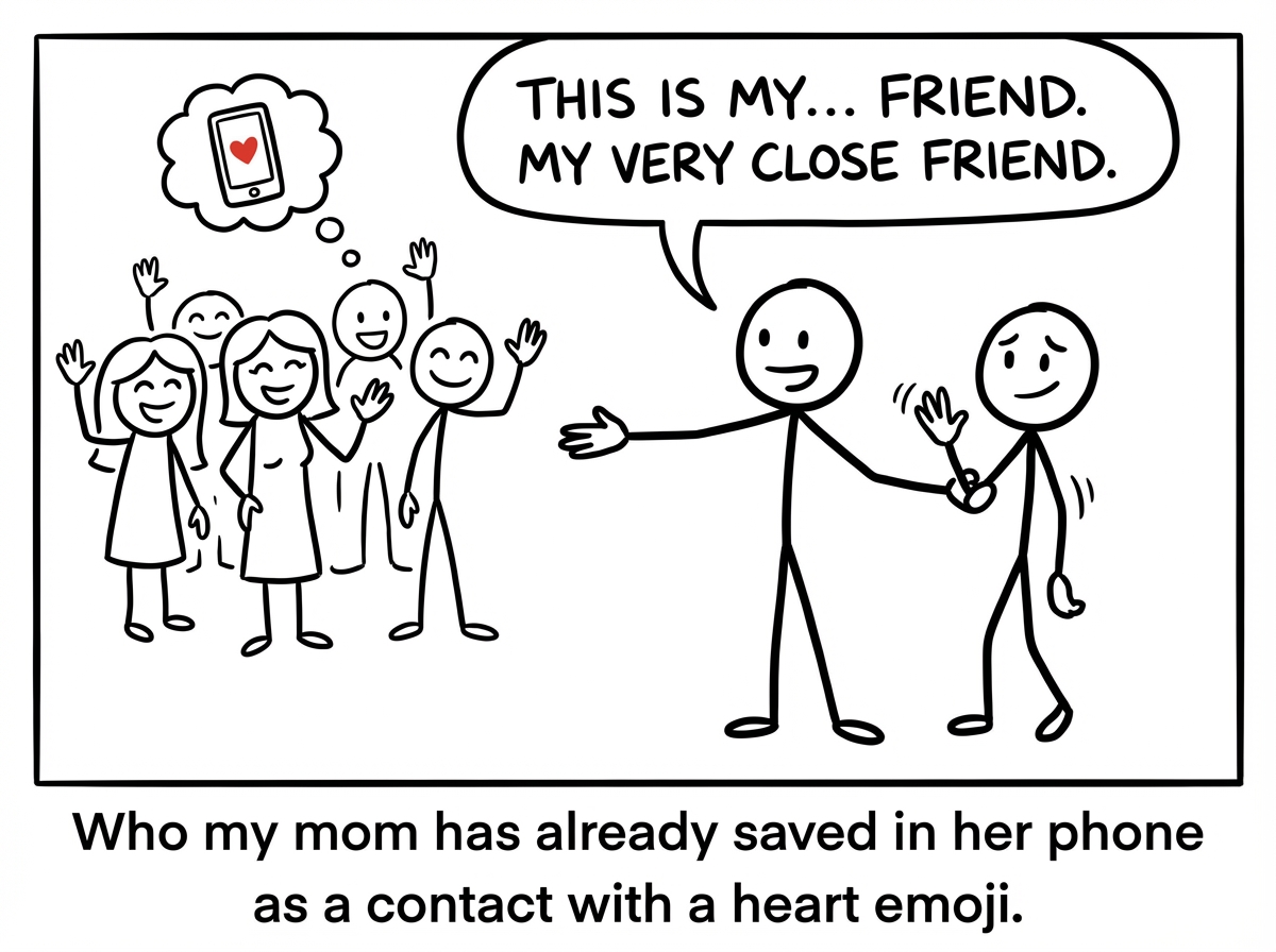 One stick figure introducing the other to their family at a gathering, with the family looking excited and the introduced person waving awkwardly