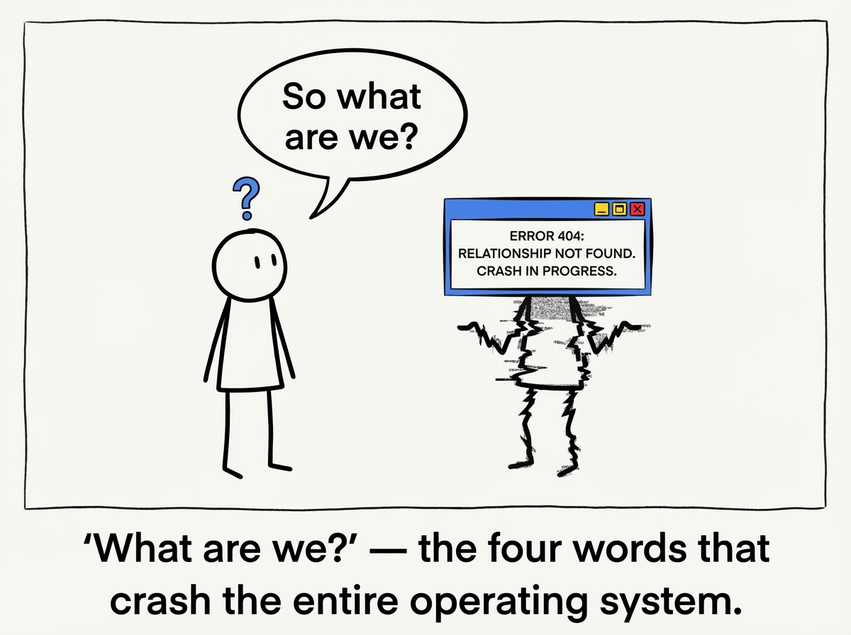 One stick figure finally asking 'So what are we?' and the other stick figure physically glitching like a broken computer, with an error screen appearing over their face