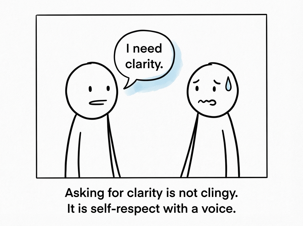 A stick figure saying 'I need clarity' calmly, while the other person looks uncomfortable but is still listening