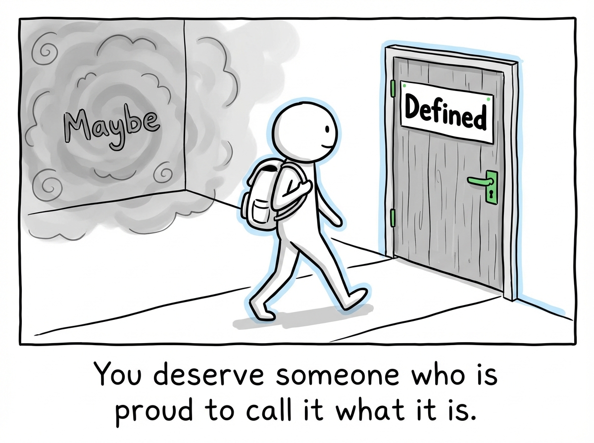 A stick figure walking toward a door marked 'Defined' and leaving behind a foggy room marked 'Maybe'