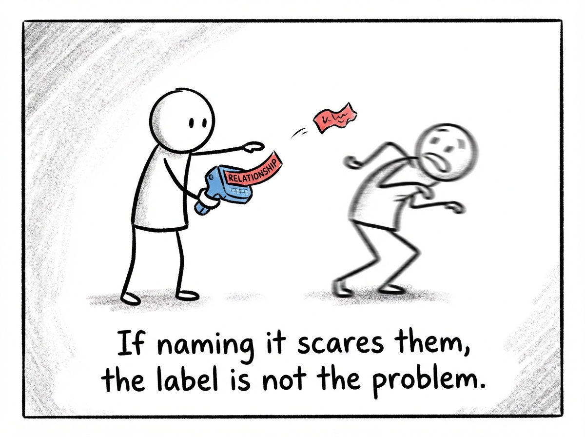 A stick figure holding a label maker, trying to stick a 'relationship' label on another stick figure who keeps dodging