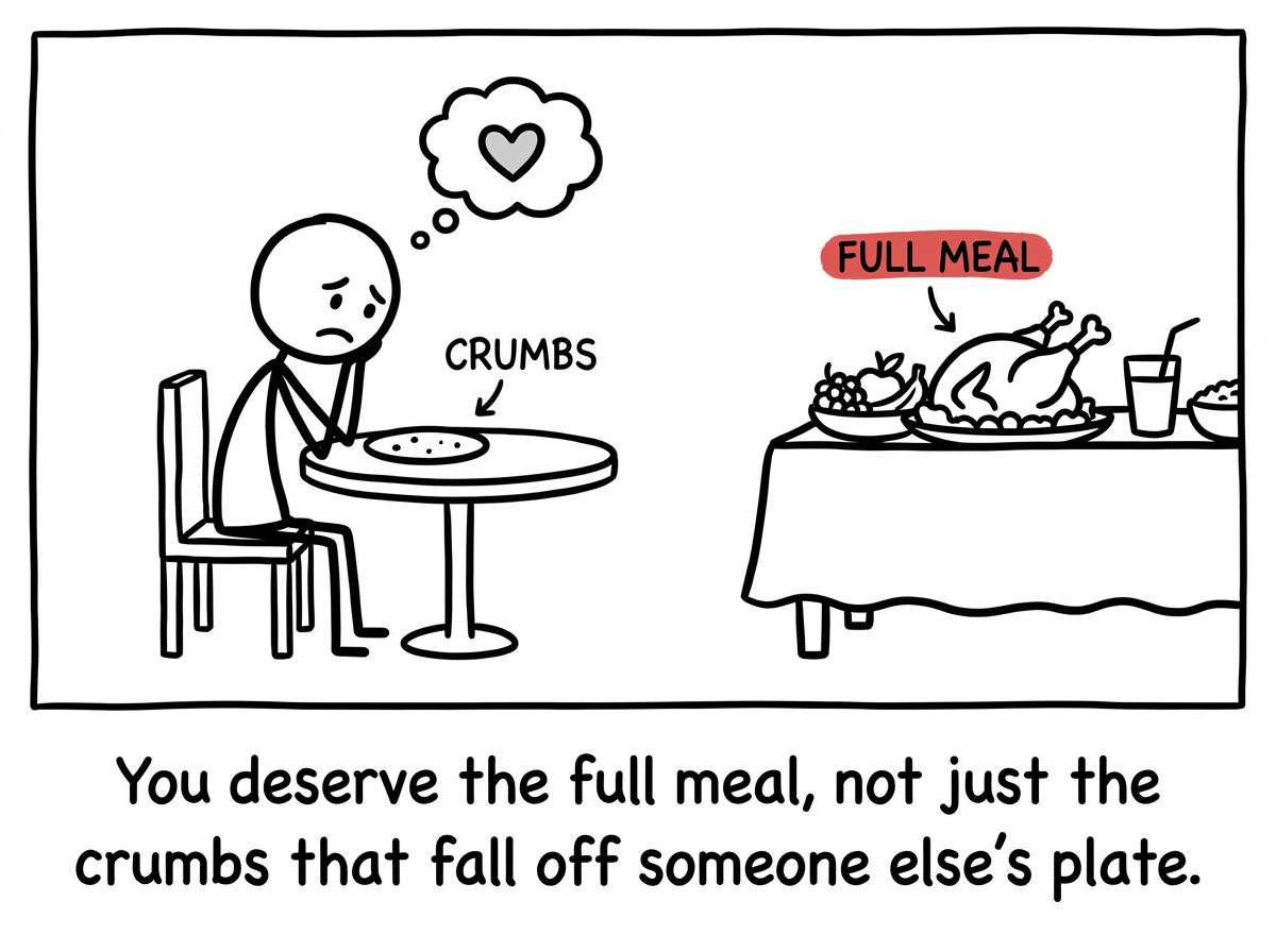A stick figure sitting at a table with crumbs on a plate, looking at another table where a full meal sits