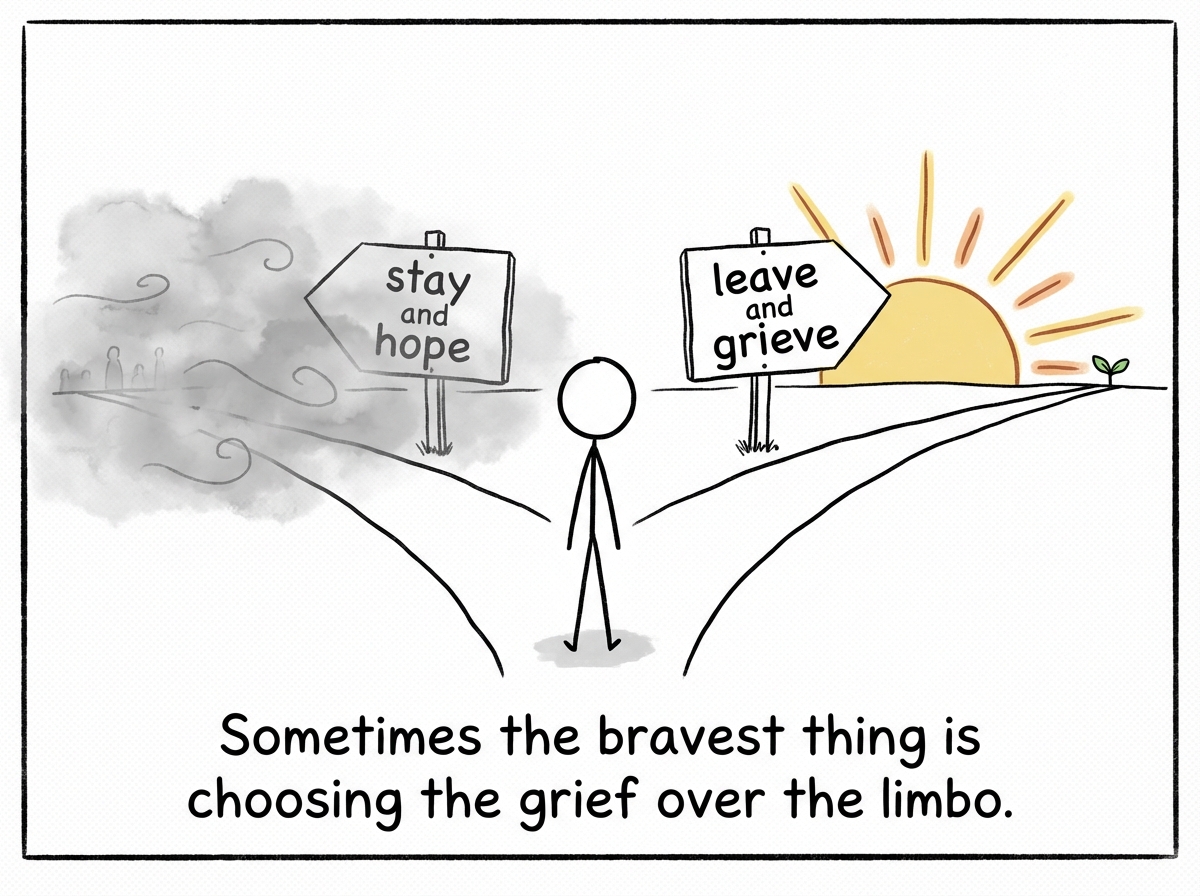 A stick figure standing at a fork in the road — one path labeled 'stay and hope' and the other labeled 'leave and grieve'