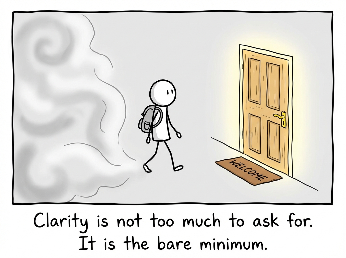 A stick figure walking away from a foggy undefined shape toward a clear door with a welcome mat