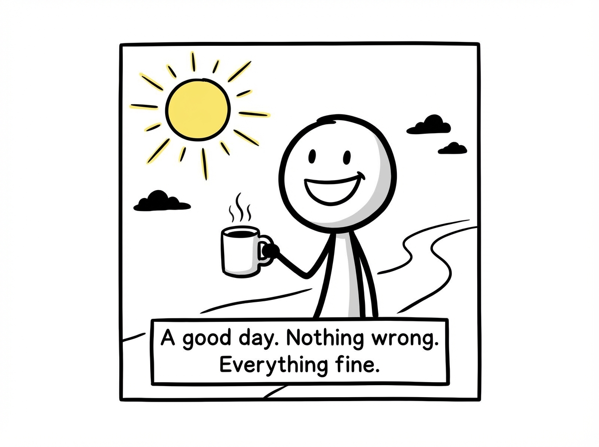 A stick figure sitting comfortably on a couch in a cozy apartment, smiling. Around them are normal-sized objects: a bookshelf, a plant, a coffee mug, a cat. Everything looks warm and good enough. A small label reads 'A perfectly fine Saturday.'