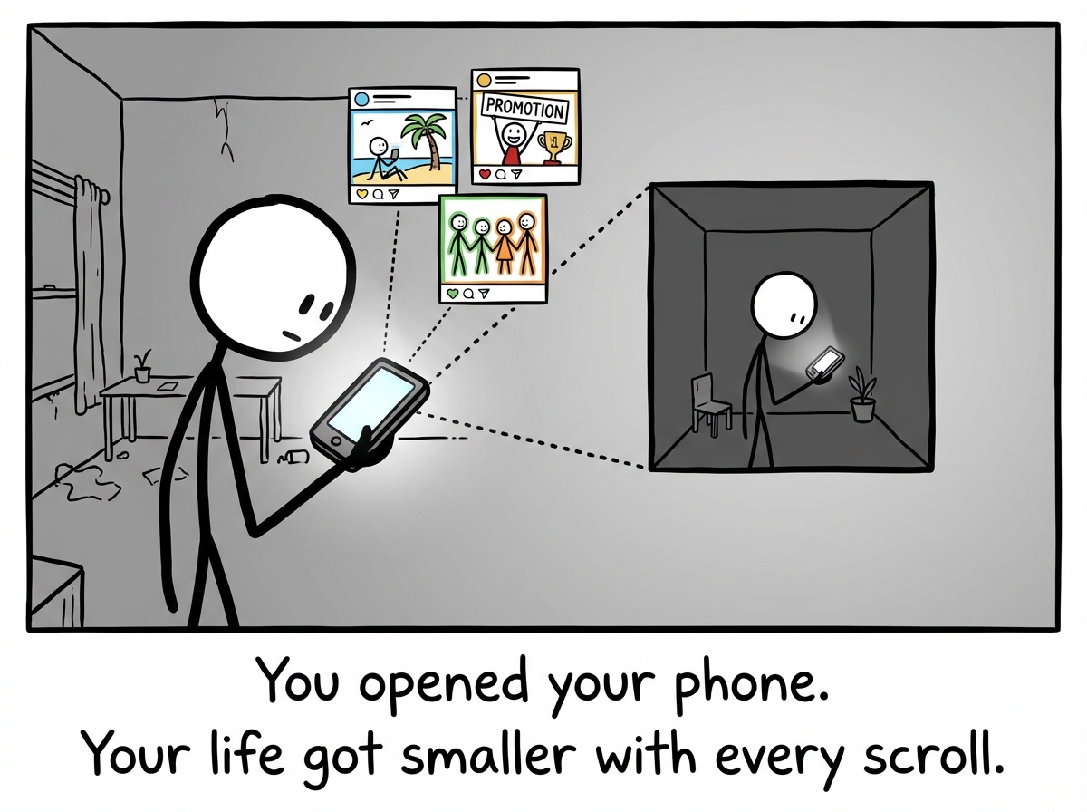 The stick figure opens a phone. Glowing social media posts float out like holograms: a beach vacation, a promotion announcement with confetti, a perfect couple kissing at sunset. The figure's eyes go wide. Their couch and apartment have already begun to shrink slightly.